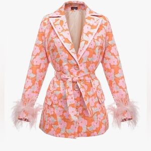 Floral Pink & Orange Belted Blazer Jacket with Feather Cuffs